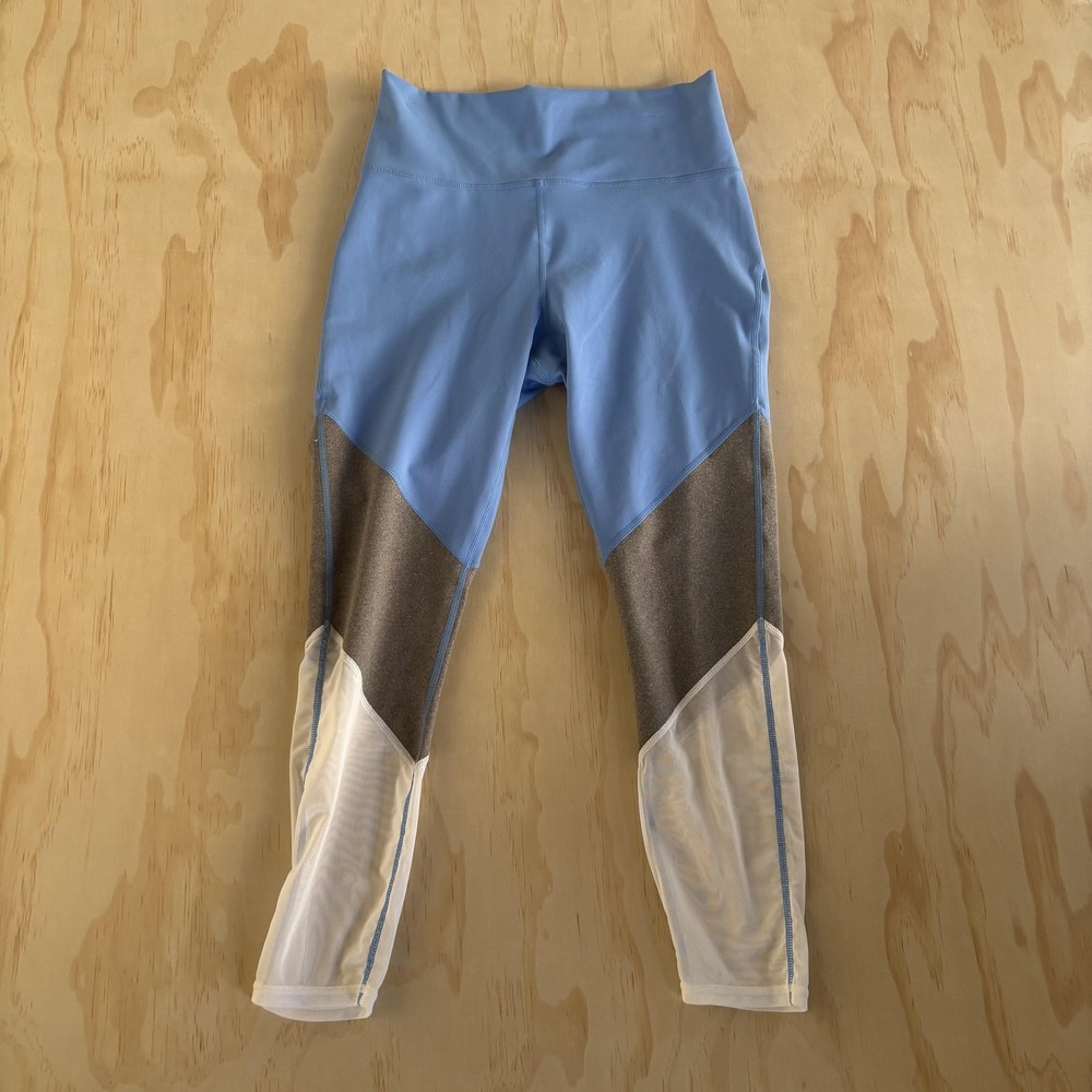 Fabletics PowerHold Leggings Womens Medium Blue Colorblock Capri Mesh Athletic